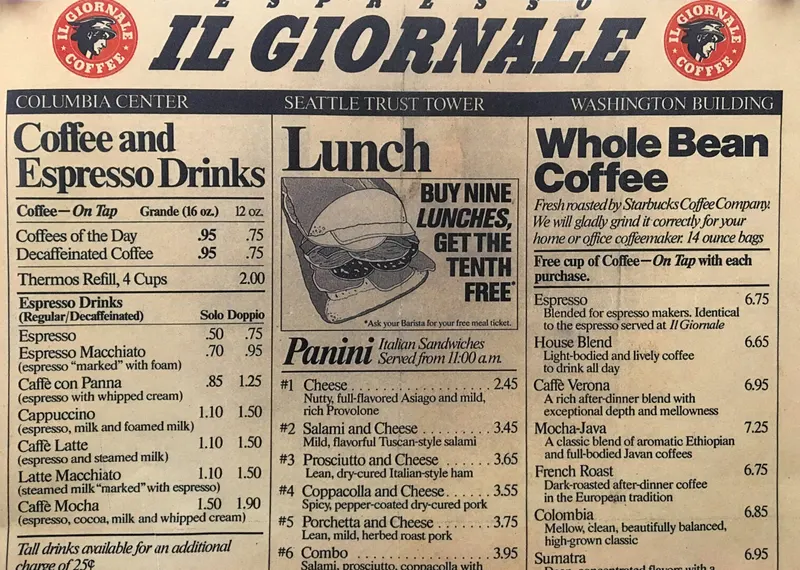 History of Starbucks: Il Giornale menu
