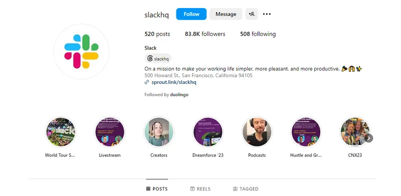 Slack on Instagram: Slack’s bio is brief and gets its point across well