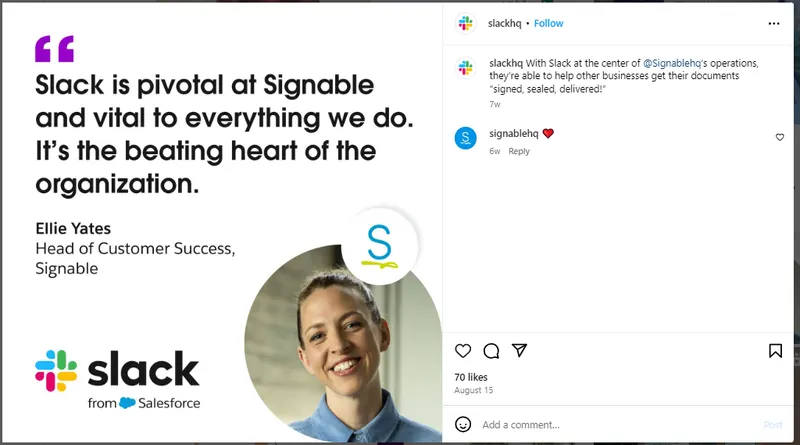 Slack on Instagram: An example of a customer testimonial shared by Slack 