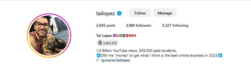 Tai Lopez Crypto Influencer Instagram Profile