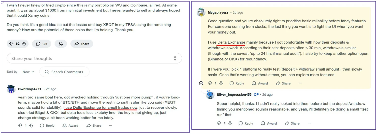 Reddit - Community discussion. Delta Exchange discussed in crypto subreddit threads
