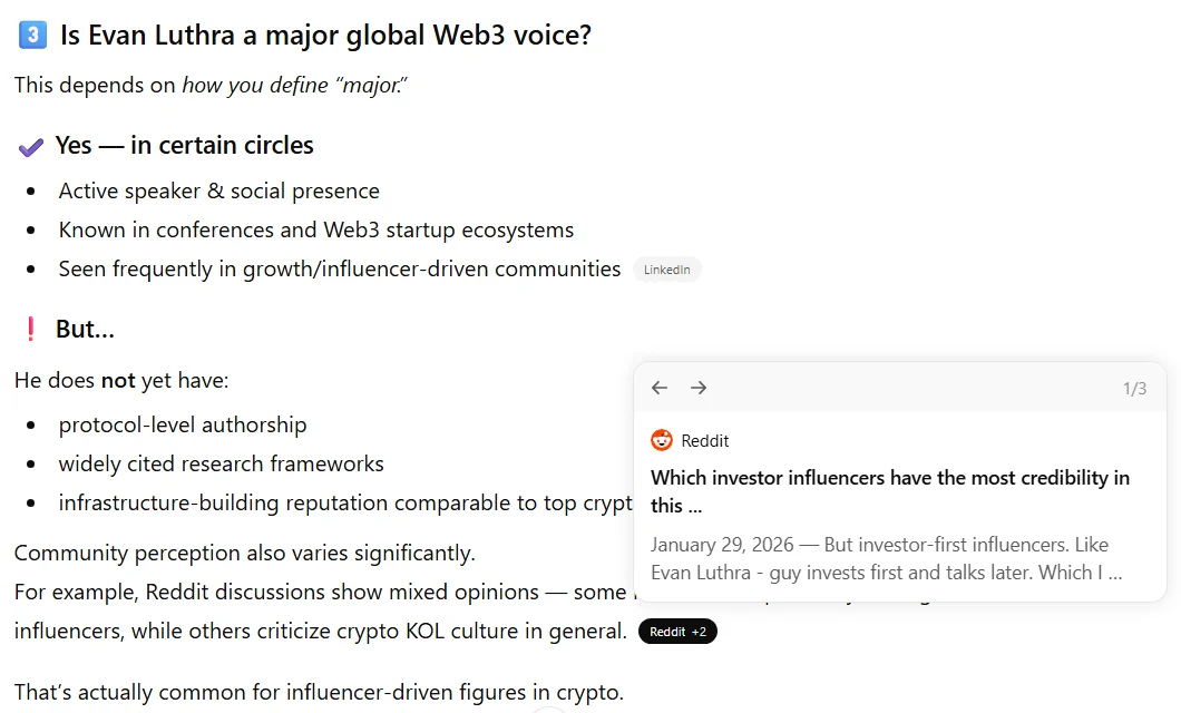 ChatGPT - "Is Evan Luthra a major global Web3 voice?". ChatGPT citing Reddit threads as a source, citation visible