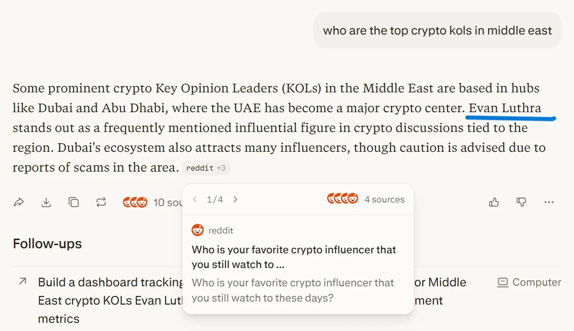 Perplexity - "Who are the top crypto KOLs in Middle East?". Evan named in the Middle East crypto KOL lineup — name highlighted in result