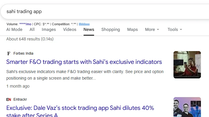 Forbes India, one of our placements, is Google's #1 result for "sahi trading app"
