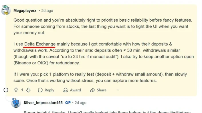Delta Exchange mentioned in crypto subreddit threads