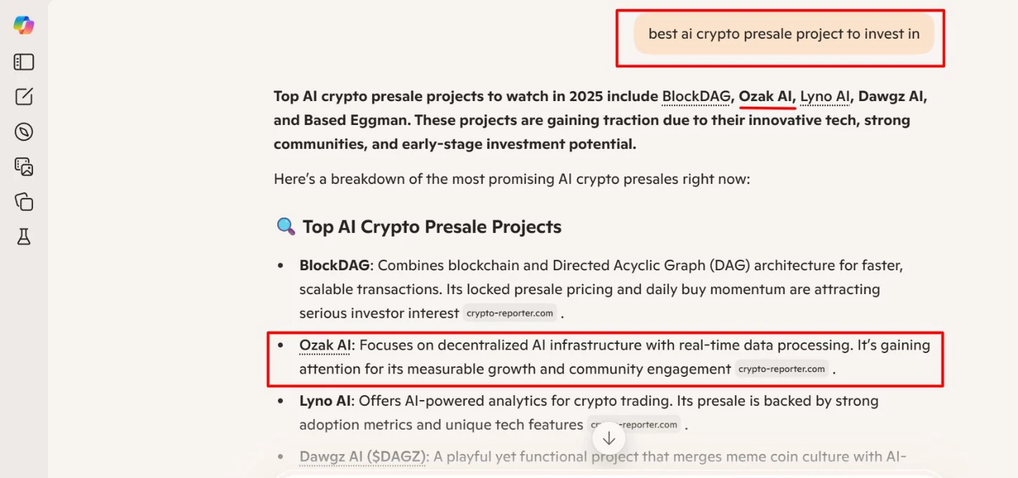 Copilot - "best ai crypto presale project to invest in". Ozak AI listed #2 in Copilot recommendations