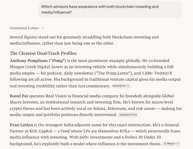 perplexity - "Which advisors have blockchain investing + media/influence experience?"