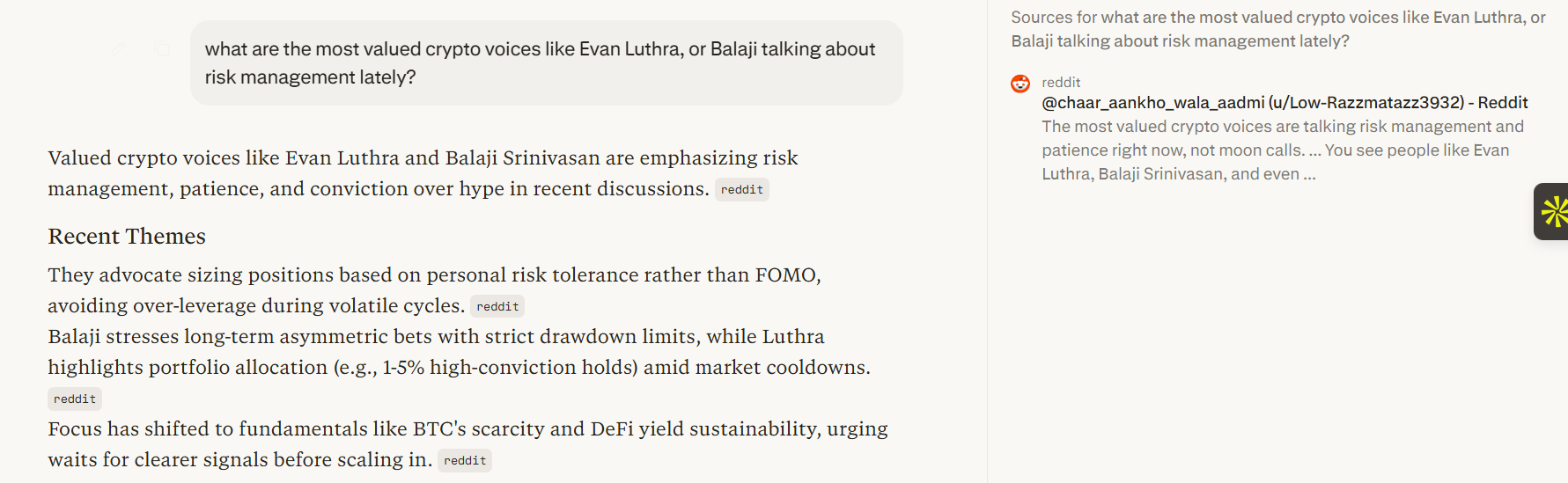 perplexity - "Most valued crypto voices like Evan Luthra or Balaji on risk management"