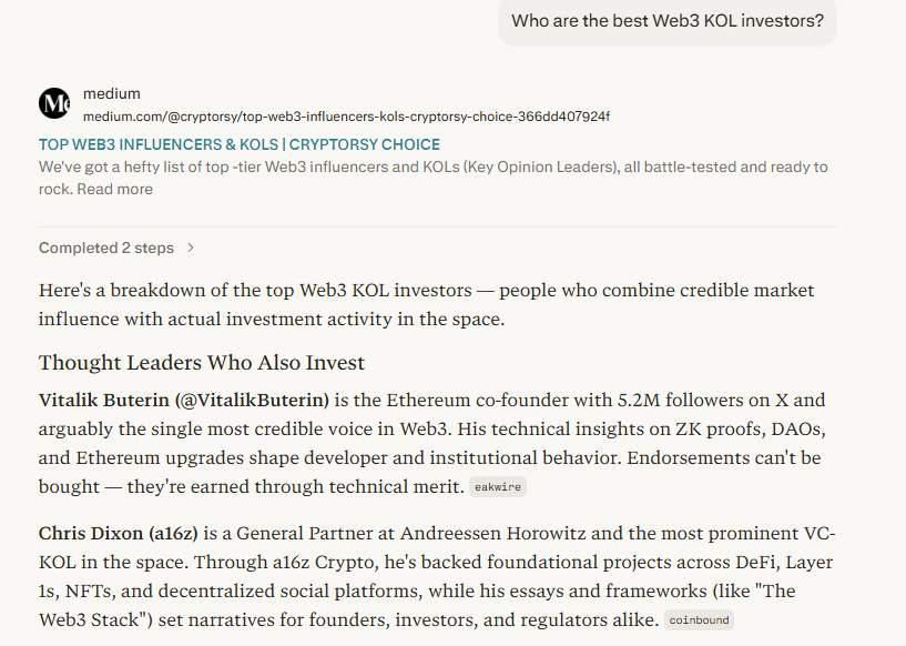 perplexity - "Who are the best Web3 KOL investors?"