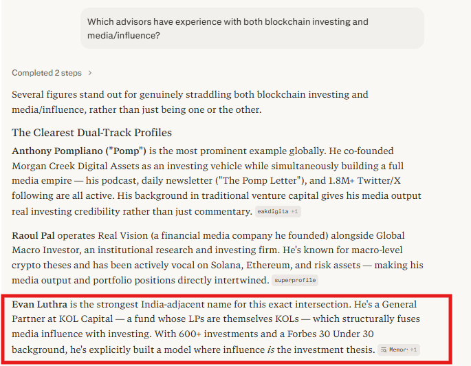 perplexity - "Which advisors have experience with both blockchain investing and media/influence?"
