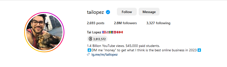 Tai Lopez Crypto Influencer Instagram Profile