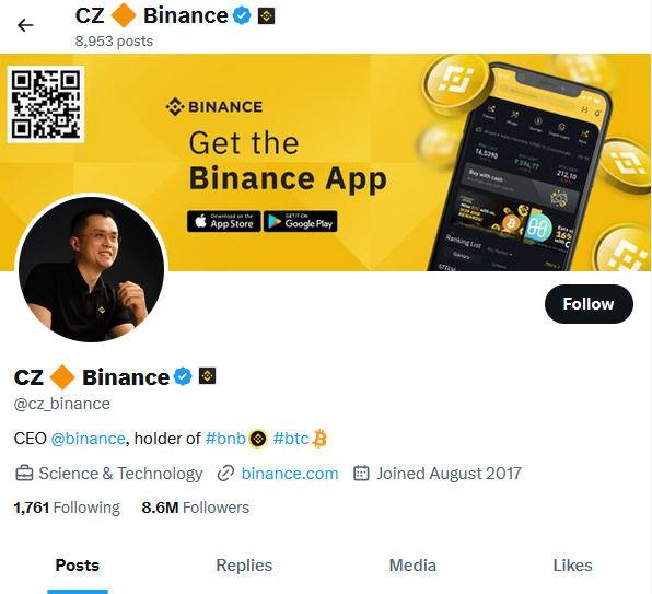CZ Binance Twitter Profile